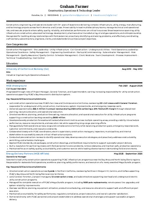 First page of Graham Farmer's resume